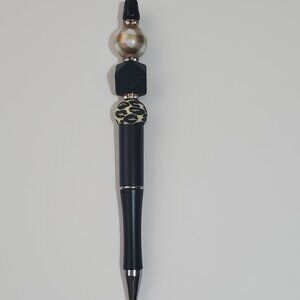 Handmade Leopard & Plaid Beaded Pen – Glam Black Ink Pen with Extra Refill